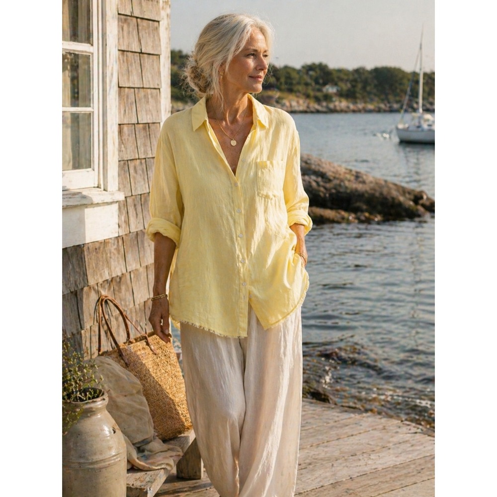 Pure Amici Yellow 100% Linen Button Down Shirt Raw Fringe Hem Womens Large